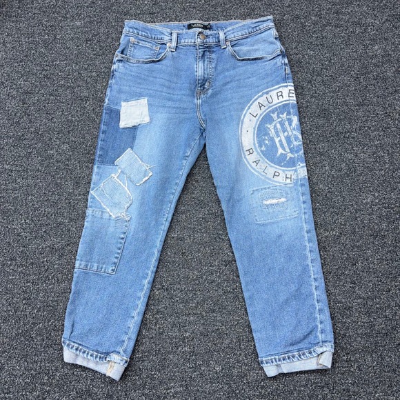 Lauren Ralph Lauren Denim - Lauren Ralph Lauren Womens Patchwork Logo Crest Straight Leg Jeans Blue Size 10